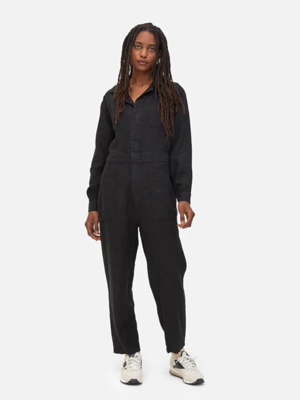 MATE the Label Black 100% Linen Long Sleeve Utility Jumpsuit Size Medium